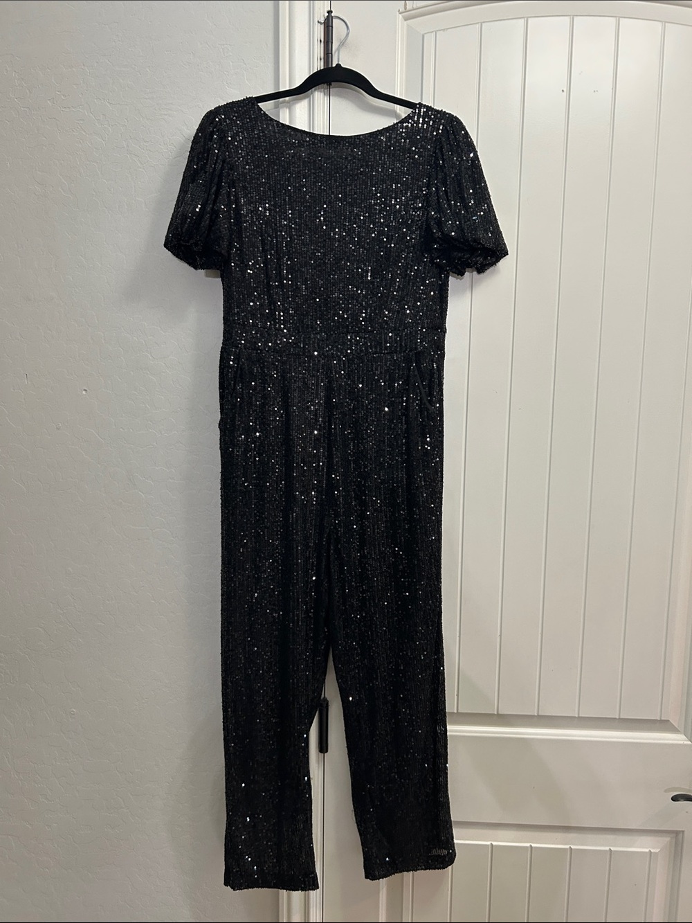 Sequin Short-Sleeve Black Jumpsuit